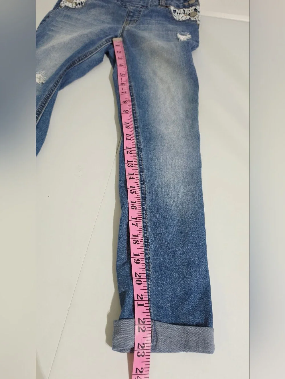 Justice Girls Size 8 Denim Overalls Lace Distressed Skinny Jeans Adjustable